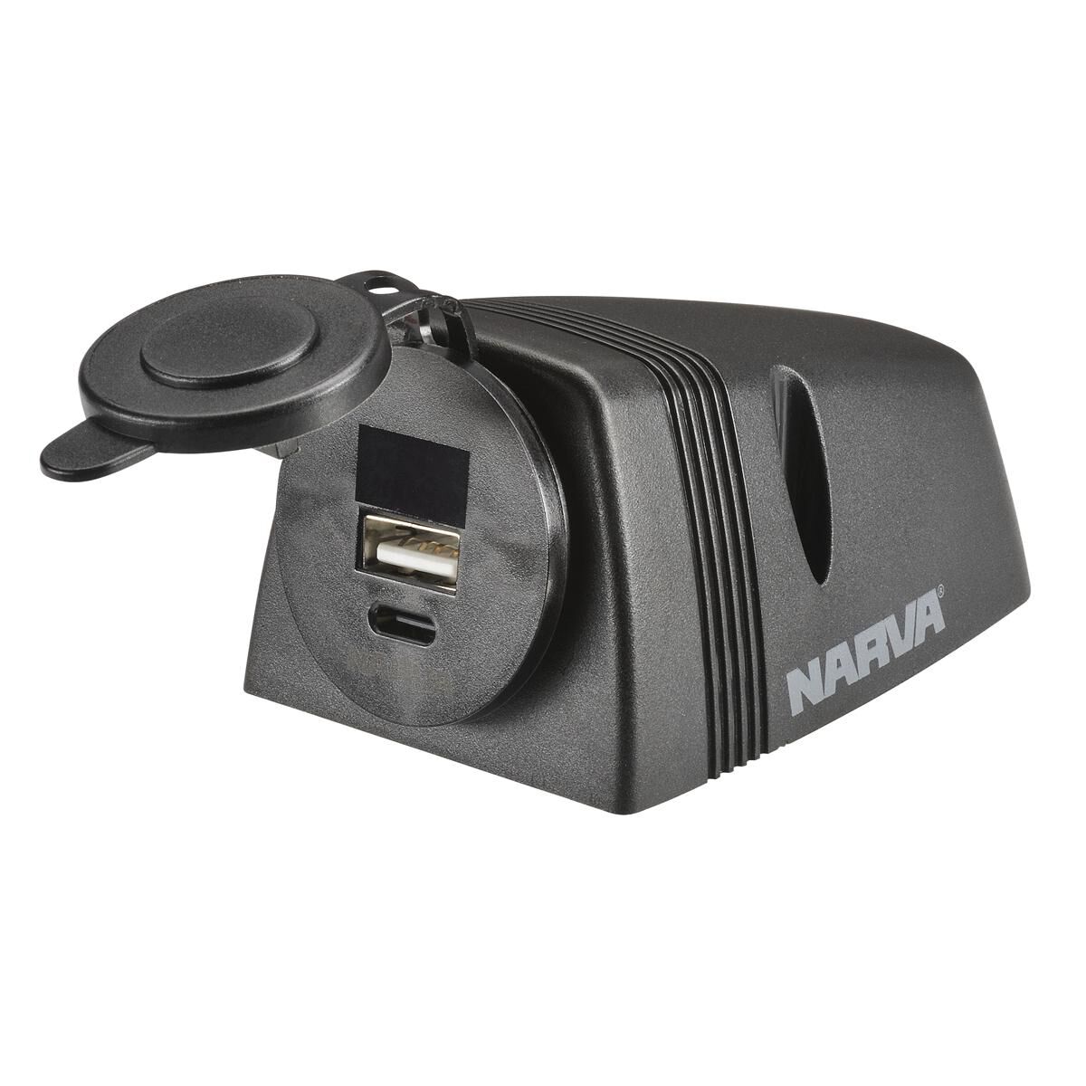 NARVA HEAVY-DUTY SURFACE-MOUNT DUAL USB/USB-C SOCKET - BLACK HOUSING, , scaau_hi-res