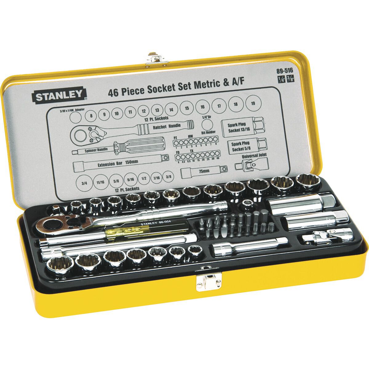 Stanley Socket Set Including 1 4 Bits 3 8 Inch Drive 46 Piece 89 516