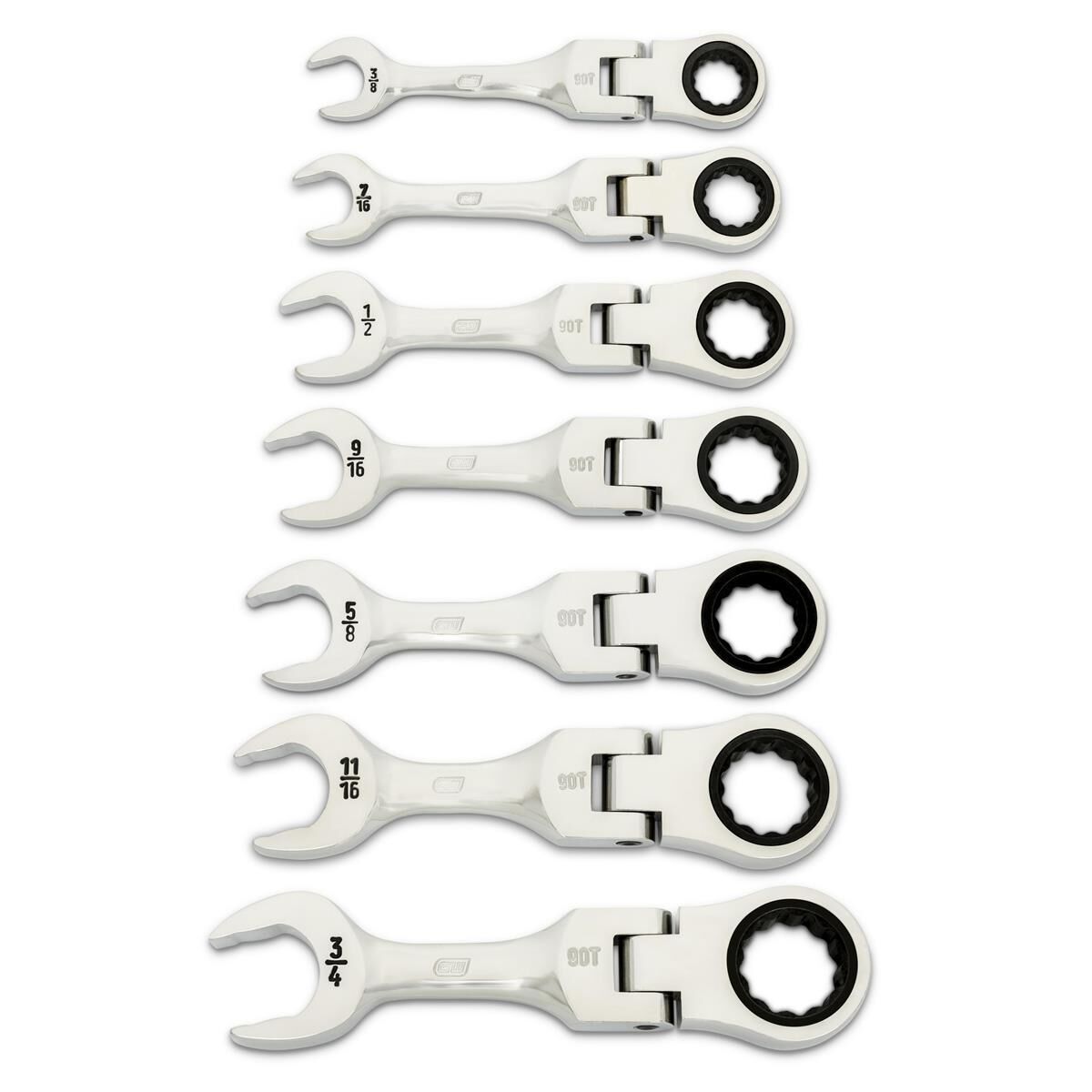 7 PIECE 90-TOOTH 12 POINT SAE STUBBY FLEX RATCHETING COMBINATION WRENCH SET, , scaau_hi-res