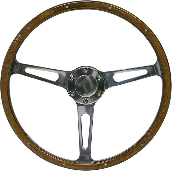 Steering Wheel Wood 15" Classic Polished Alloy Slots + Rivet, , scaau_hi-res