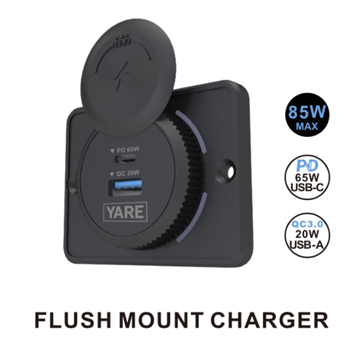 FLUSH MOUNT DUAL USB CHARGER 12/24V USB-C/USB-A Output 65W/20W BLACK - FMC6520CAB, , scaau_hi-res