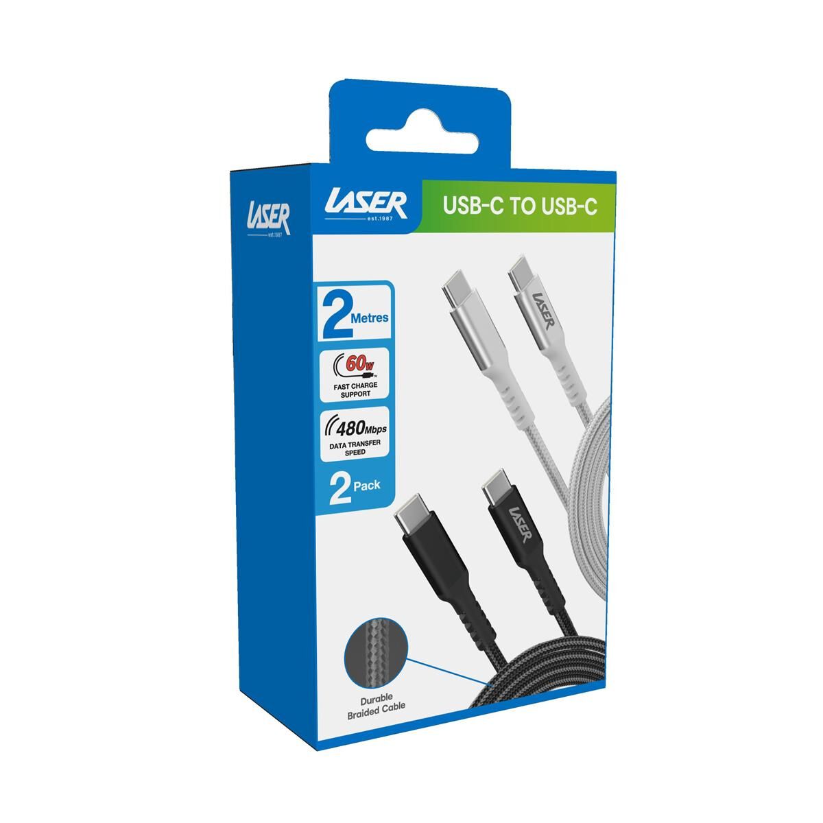 LASER USB-C TO USB-C 60W CABLE BLACK/SILVER 2 PACK 2M | FAST CHARGE & DURABLE, , scaau_hi-res
