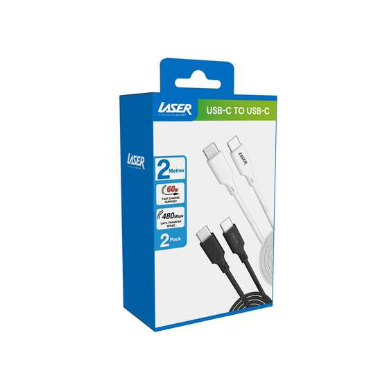 LASER 60W USB-C TO USB-C CABLE BLACK/WHITE 2 PACK 2M | FAST CHARGE & DURABLE, , scaau_hi-res