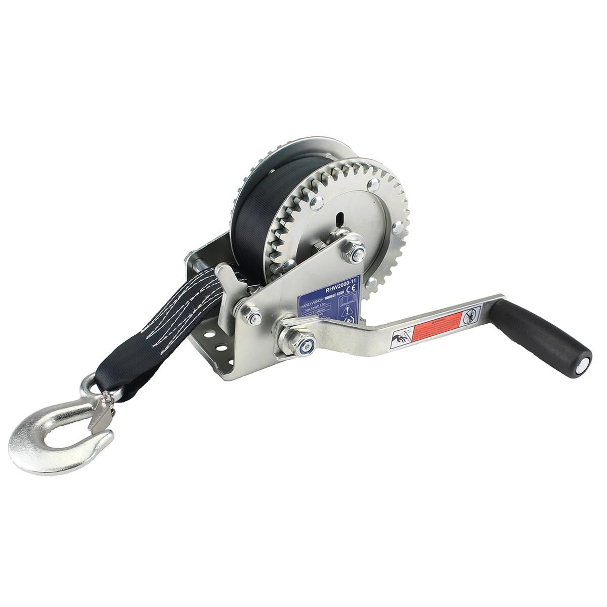 Sunrise Hand Winch 2000lbs (907kg) Dual Gear 8m Strap, , scaau_hi-res