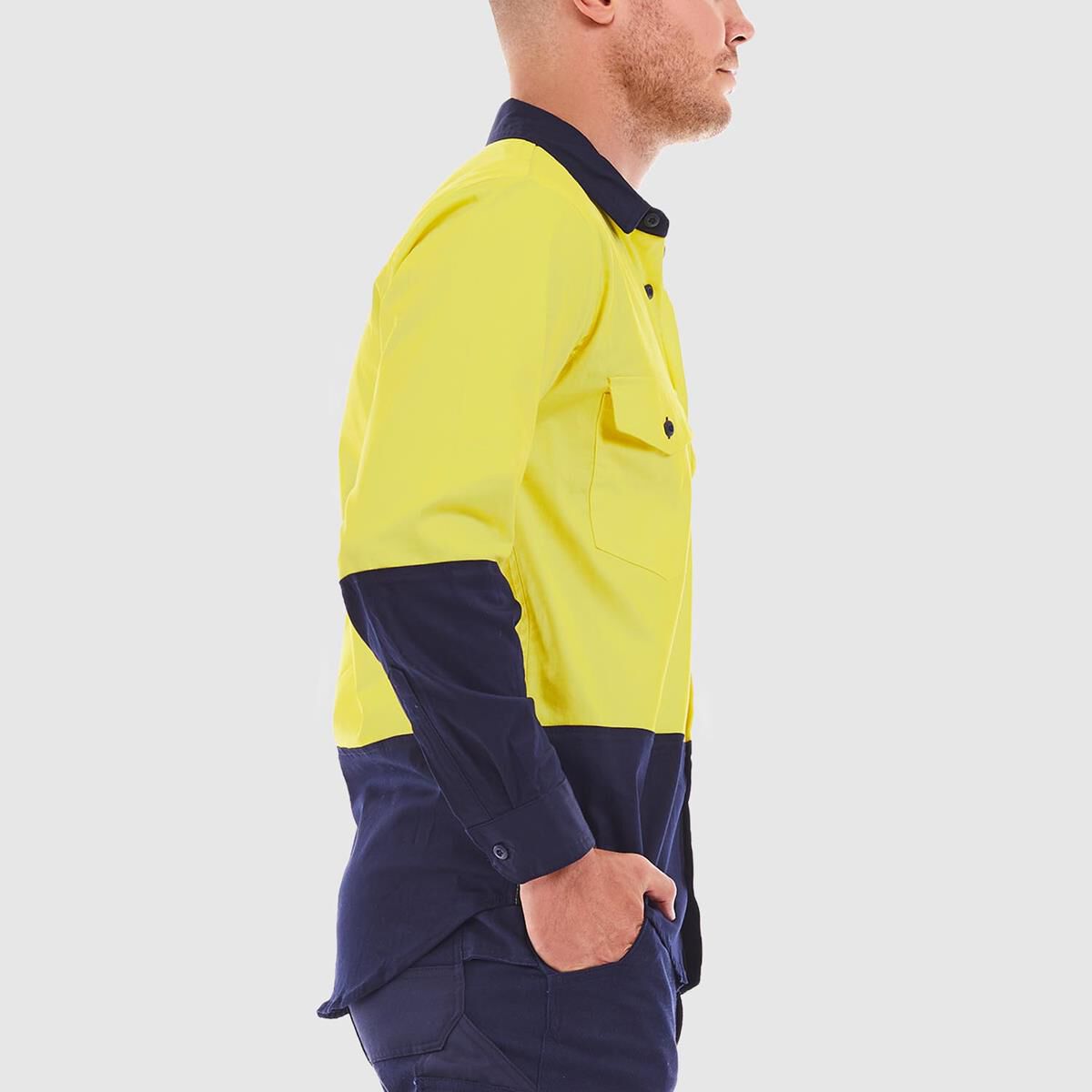 TRADIE FLEX LONG SLEEVE SHIRT HI VIS YELLOW/NAVY XL, , scaau_hi-res