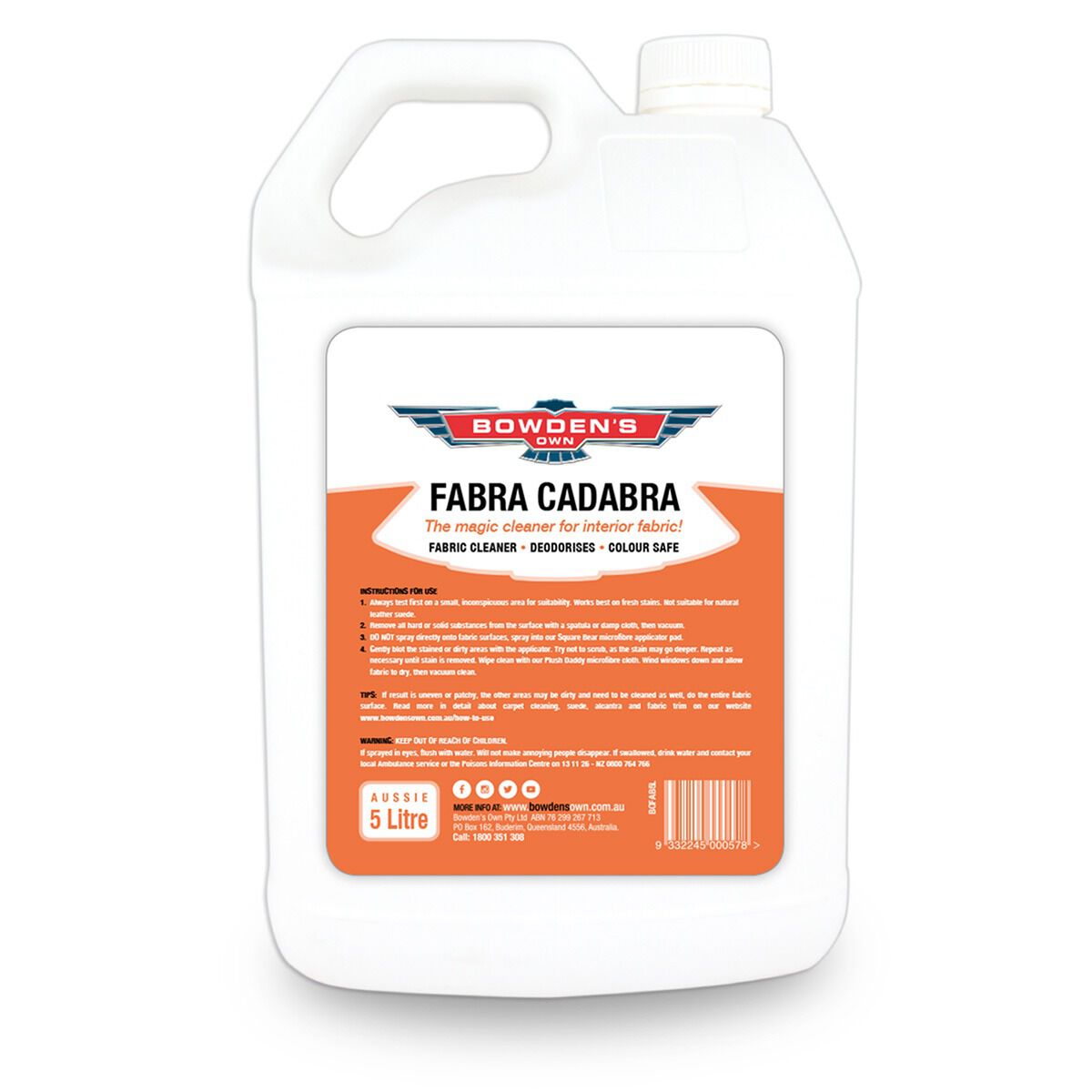 Bowden's Own Fabra Cadabra Fabric Cleaner 5L Value Pack BOFAB25L
