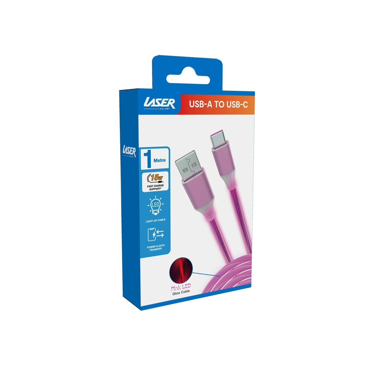 LASER USB TO TYPE-C LED CHARGE CABLE &ndash; PINK, 1M, FAST CHARGE & DURABLE DESIGN, , scaau_hi-res