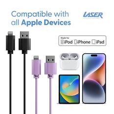 LASER MFI LIGHTNING CABLE 2 PACK – 2M, FAST CHARGE, BLACK/PURPLE, APPLE CERTIFIED, , scaau_hi-res