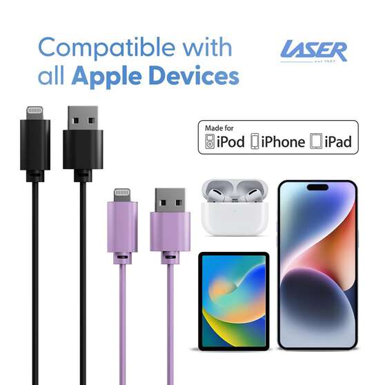 LASER MFI LIGHTNING CABLE 2 PACK – 2M, FAST CHARGE, BLACK/PURPLE, APPLE CERTIFIED, , scaau_hi-res