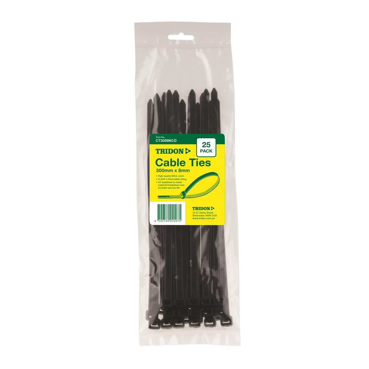 TRIDON CABLE TIE BLACK 300X8MM PK25, , scaau_hi-res
