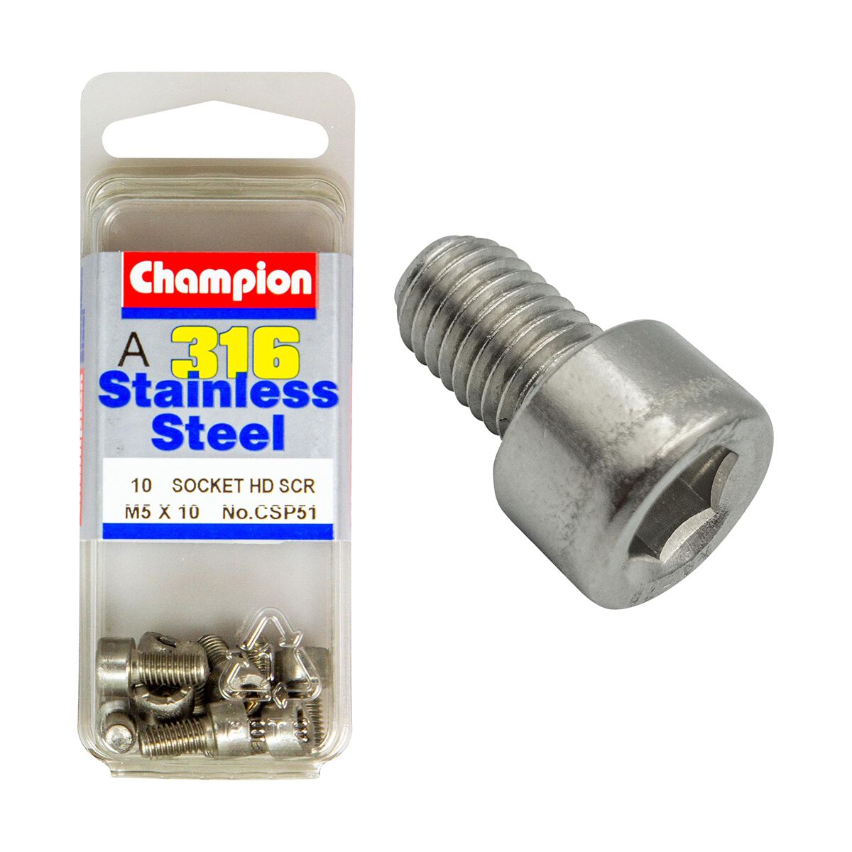 Champion Socket Head Cap Screws Stainless Steel M5x10mm 316/A4, , scaau_hi-res