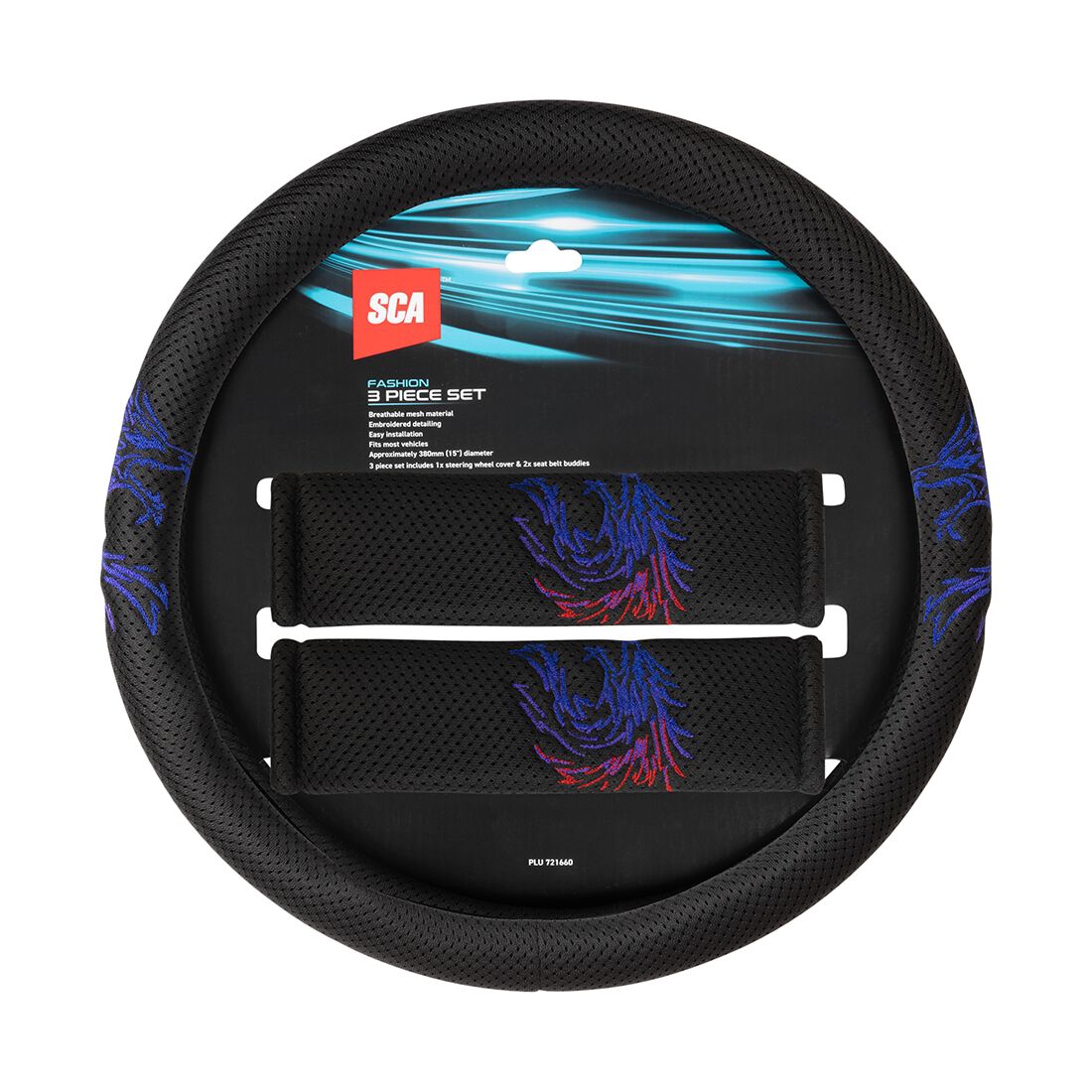 SCA Dragon Steering Wheel Cover & Seat Belt Buddie Set Red/Black, , scaau_hi-res