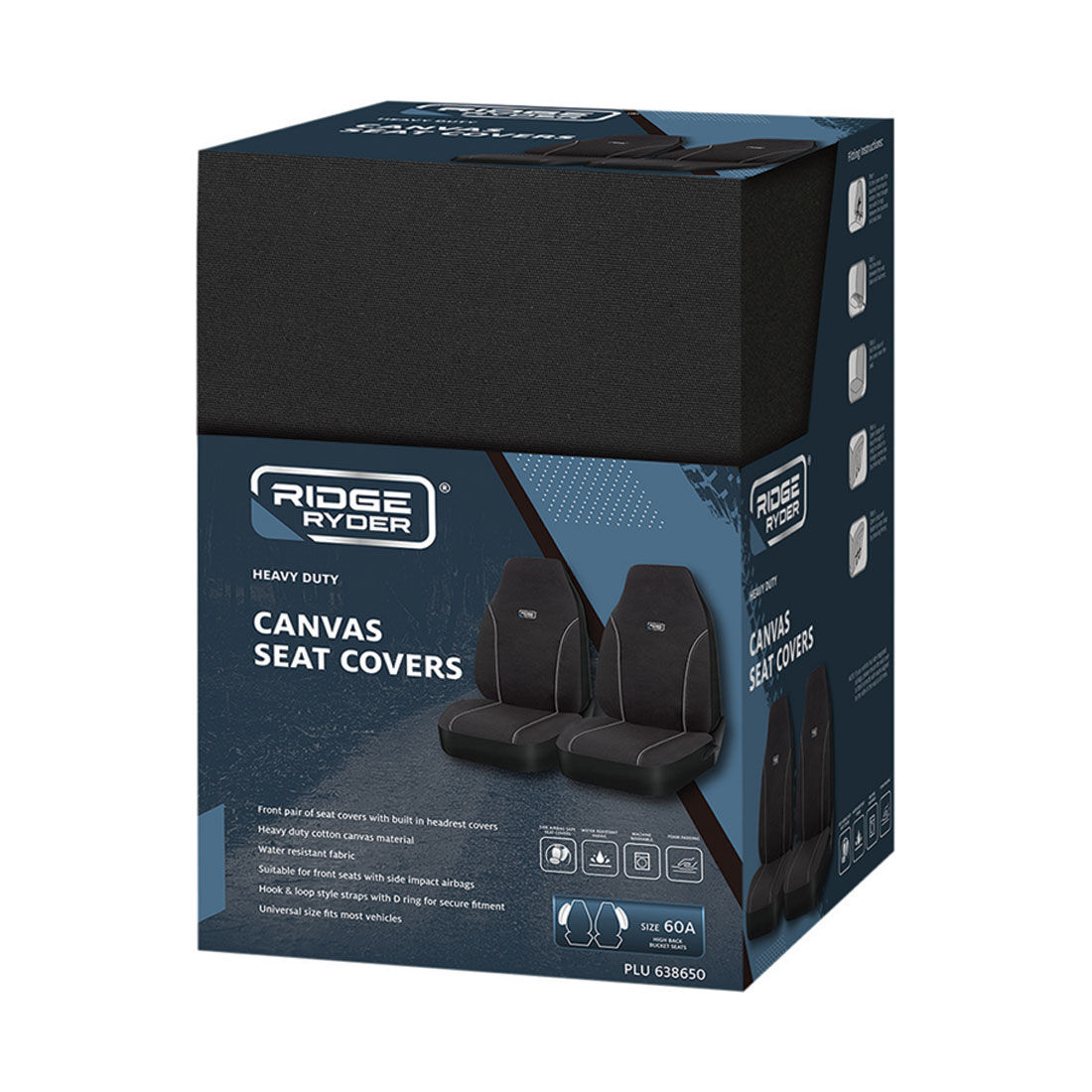 Ridge Ryder Canvas Seat Covers Black/Grey Piping Built-In Headrests Airbag Compatible 60SAB, , scaau_hi-res