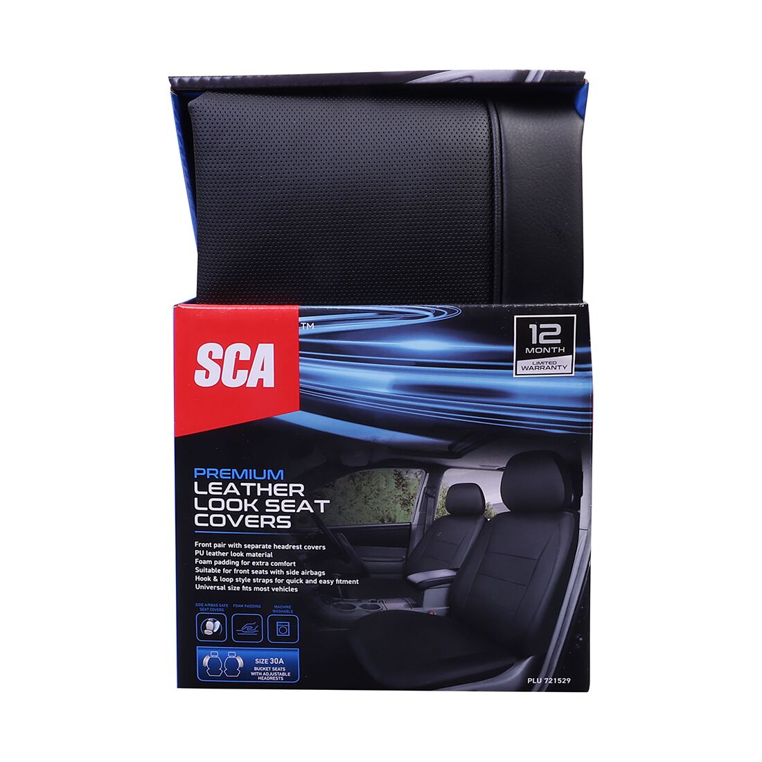 SCA Leather Look Seat Covers Black Adjustable Headrests Airbag Compatible 30SAB, , scaau_hi-res