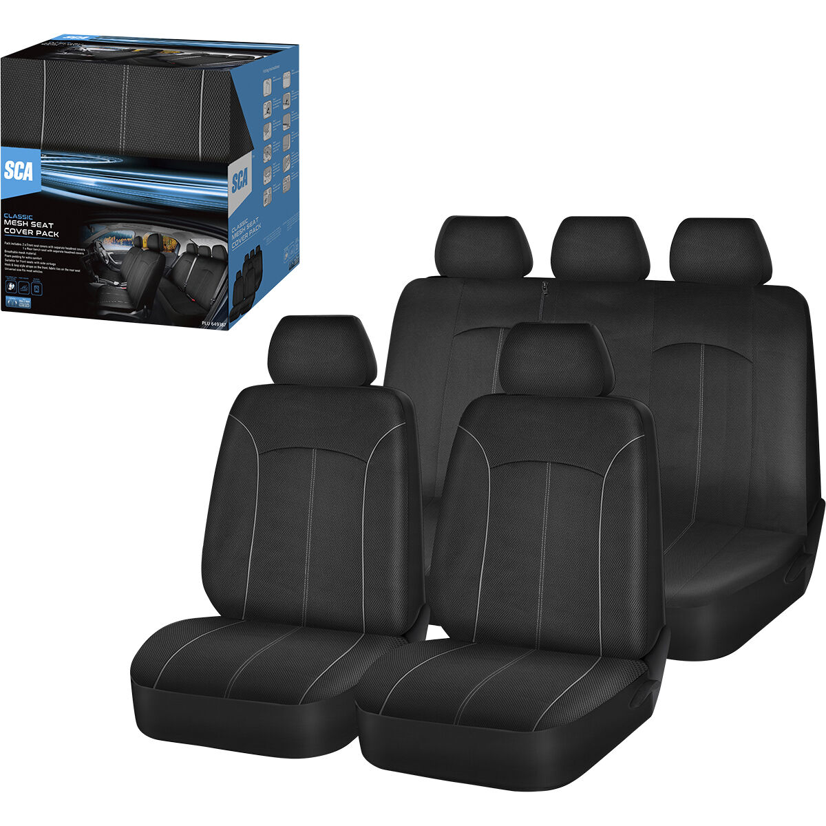 SCA Mesh Seat Cover Pack Black Adjustable Headrests Front Pair & Rear Bench, , scaau_hi-res