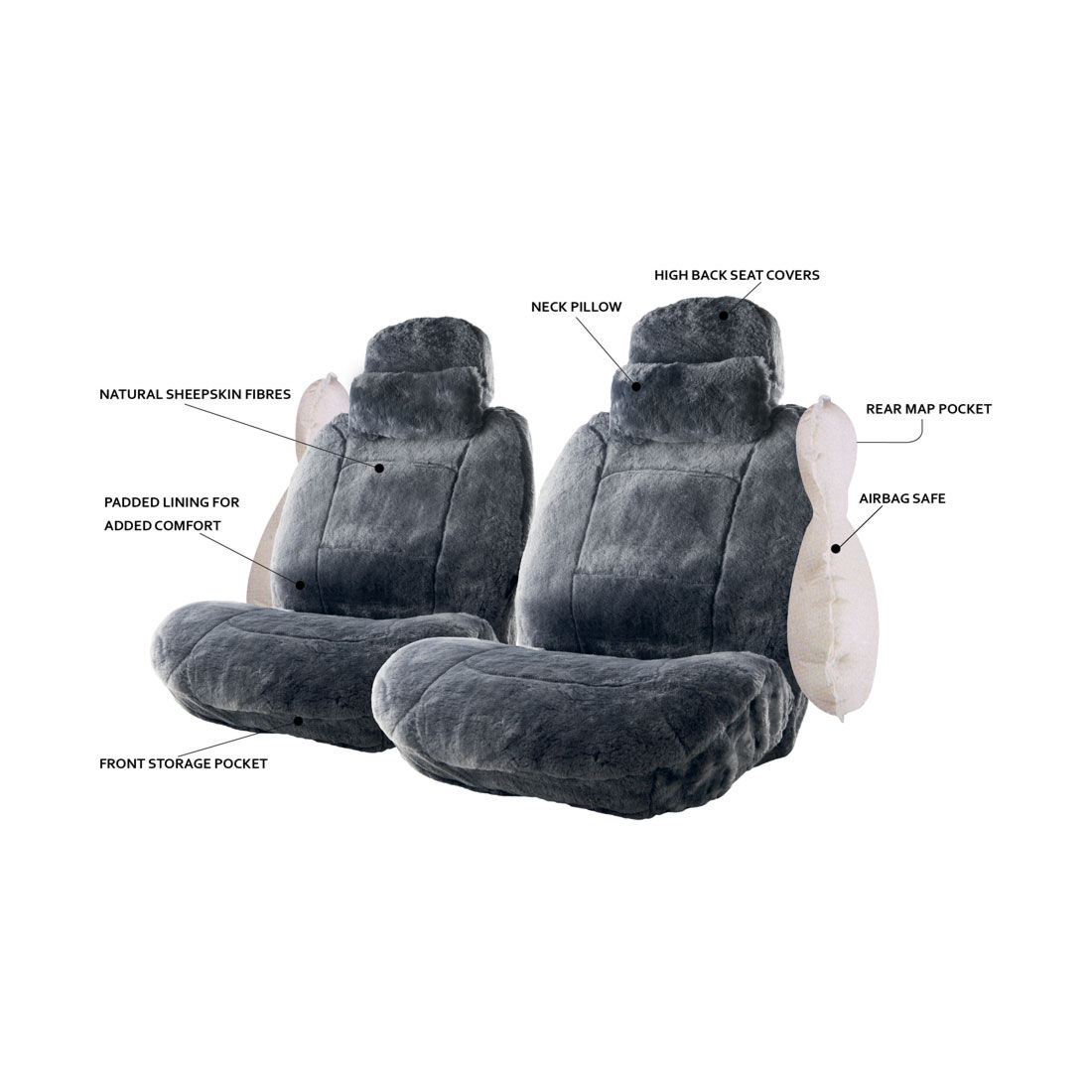 Platinum CLOUDLUX Sheepskin Seat Covers Slate Built in Headrests Size 60 Front Pair Airbag Compatible Supercheap Auto