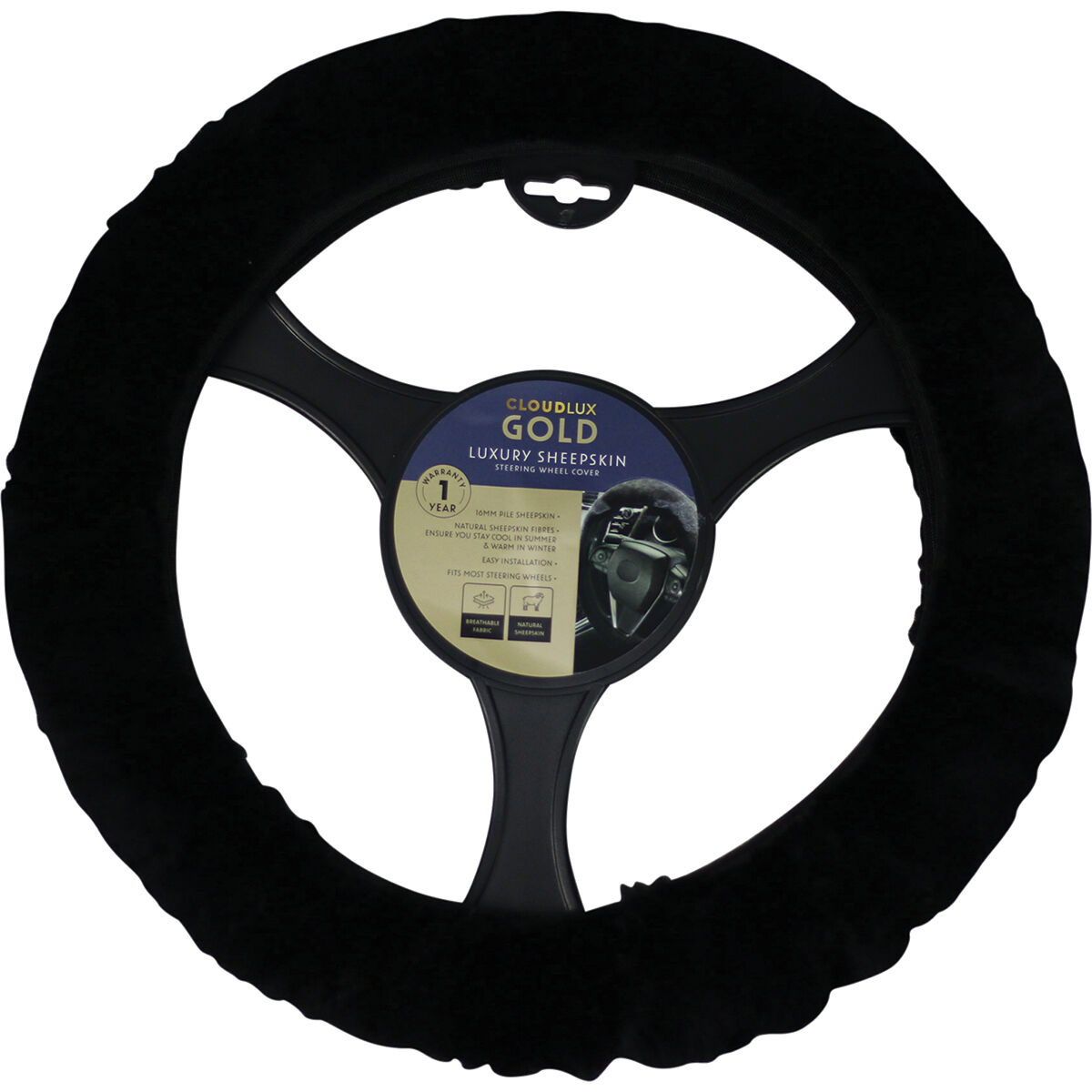 CLOUDLUX Steering Wheel Cover Sheepskin Black 380mm diameter