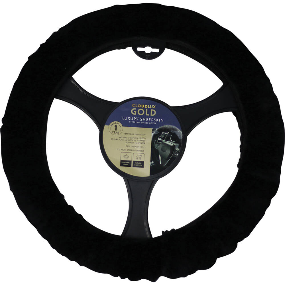CLOUDLUX Steering Wheel Cover - Sheepskin, Black, 380mm diameter product image