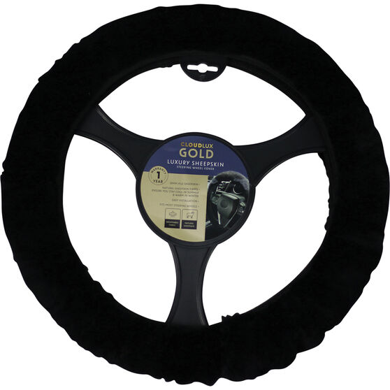 CLOUDLUX Steering Wheel Cover - Sheepskin, Black, 380mm diameter, , scaau_hi-res