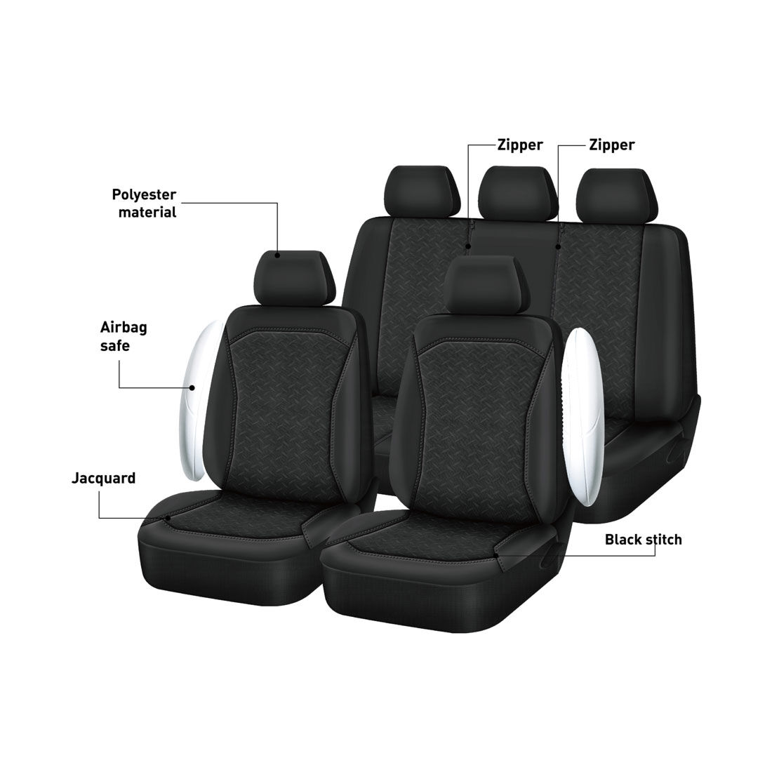 SCA Embroidered Jacquard Seat Cover Pack Black Adjustable Headrests Airbag Compatible 30&06H SAB, , scaau_hi-res