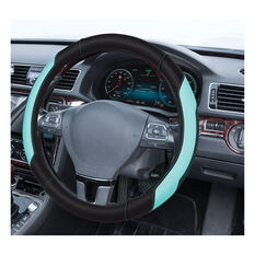SCA Steering Wheel Cover Leather Look Aqua/Black 380mm Diameter, , scaau_hi-res