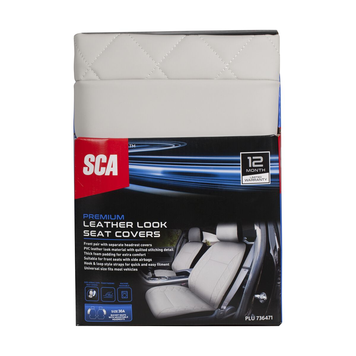 SCA Leather Look White Quilted Seat Cover, , scaau_hi-res