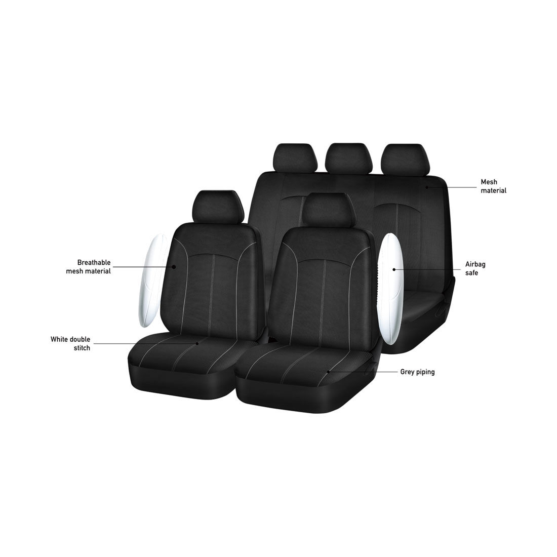 SCA Mesh Seat Cover Pack Black Adjustable Headrests Front Pair & Rear Bench, , scaau_hi-res