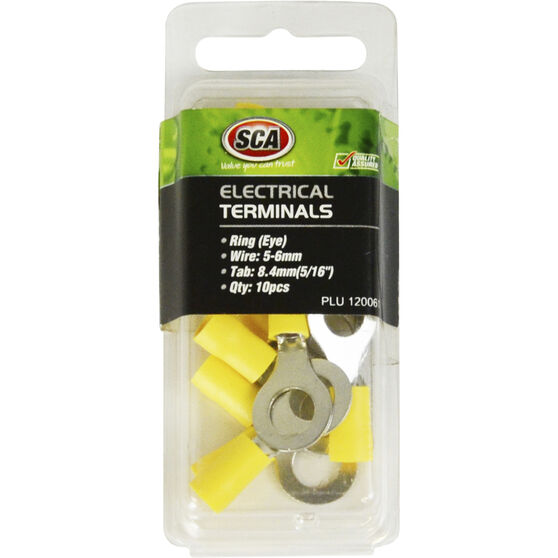 SCA Electrical Terminals - Ring (Eye), Yellow, 8.4mm, 10 Pack, , scaau_hi-res