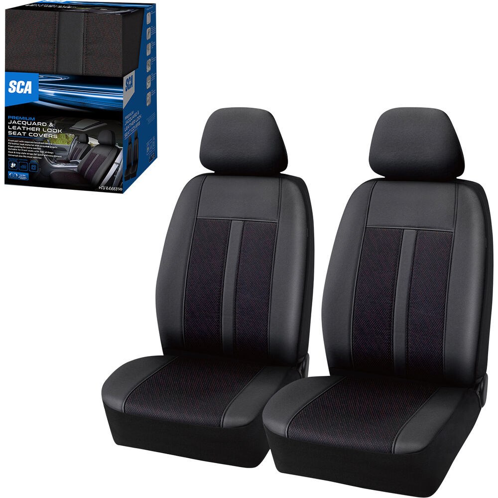 SCA Premium Jacquard & Leather Look Seat Covers Black/Red Adjustable