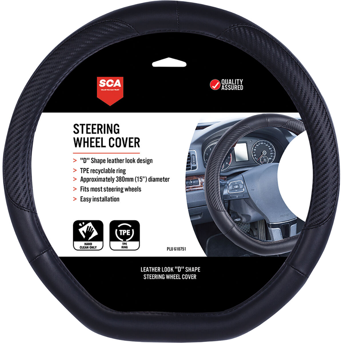 SCA Steering Wheel Cover Leather Look Black D Shape