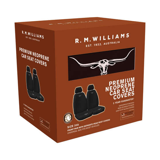 R.M. Williams Neoprene Seat Cover Black Adjustable Headrests Size 30 Front Pair Airbag Compatible, , scaau_hi-res