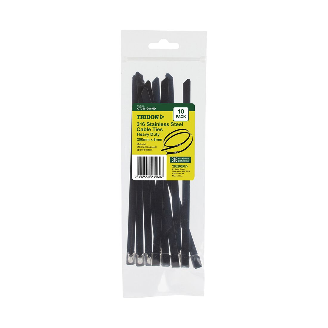 Tridon 316 Stainless Steel Cable Ties - Black Epoxy Coated, 200mm x 8mm, 10 Pack - CT316-208HD, , scaau_hi-res