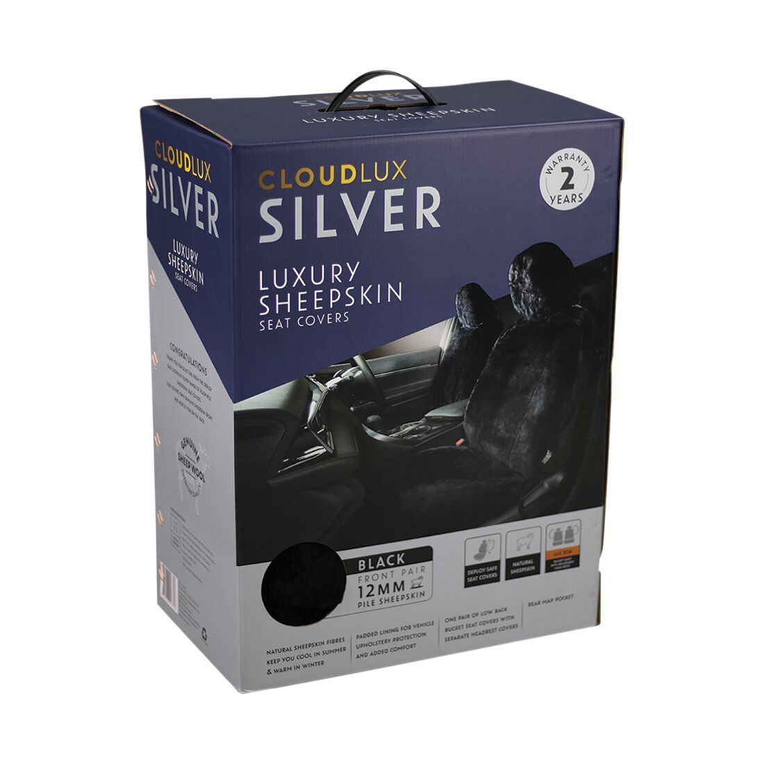 Silver CLOUDLUX Sheepskin Seat Covers - Black Adjustable Headrests Size 30 Front Pair Airbag Compatible, , scaau_hi-res