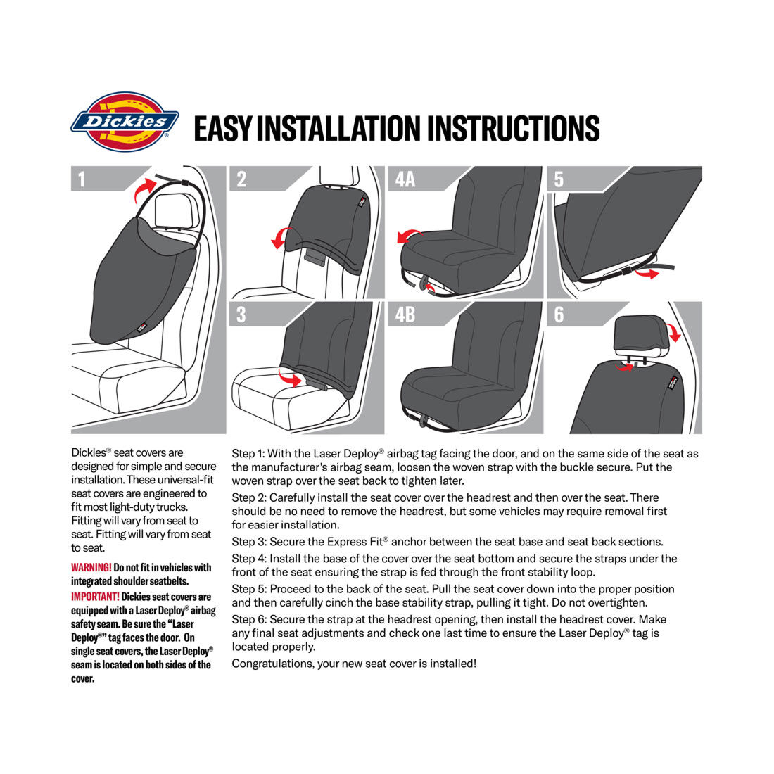 Dickies Premium Leather Look & Suede Seat Covers Black Adjustable Headrests Airbag Compatible, , scaau_hi-res