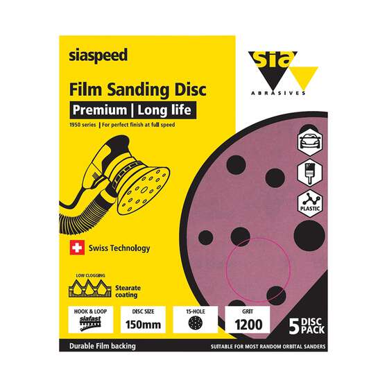 SIA Abrasives 150mm Premium Wet & Dry Sanding Disc, 1950 Series, 8 Hole, 1200 Grit, 5 Pack, , scaau_hi-res