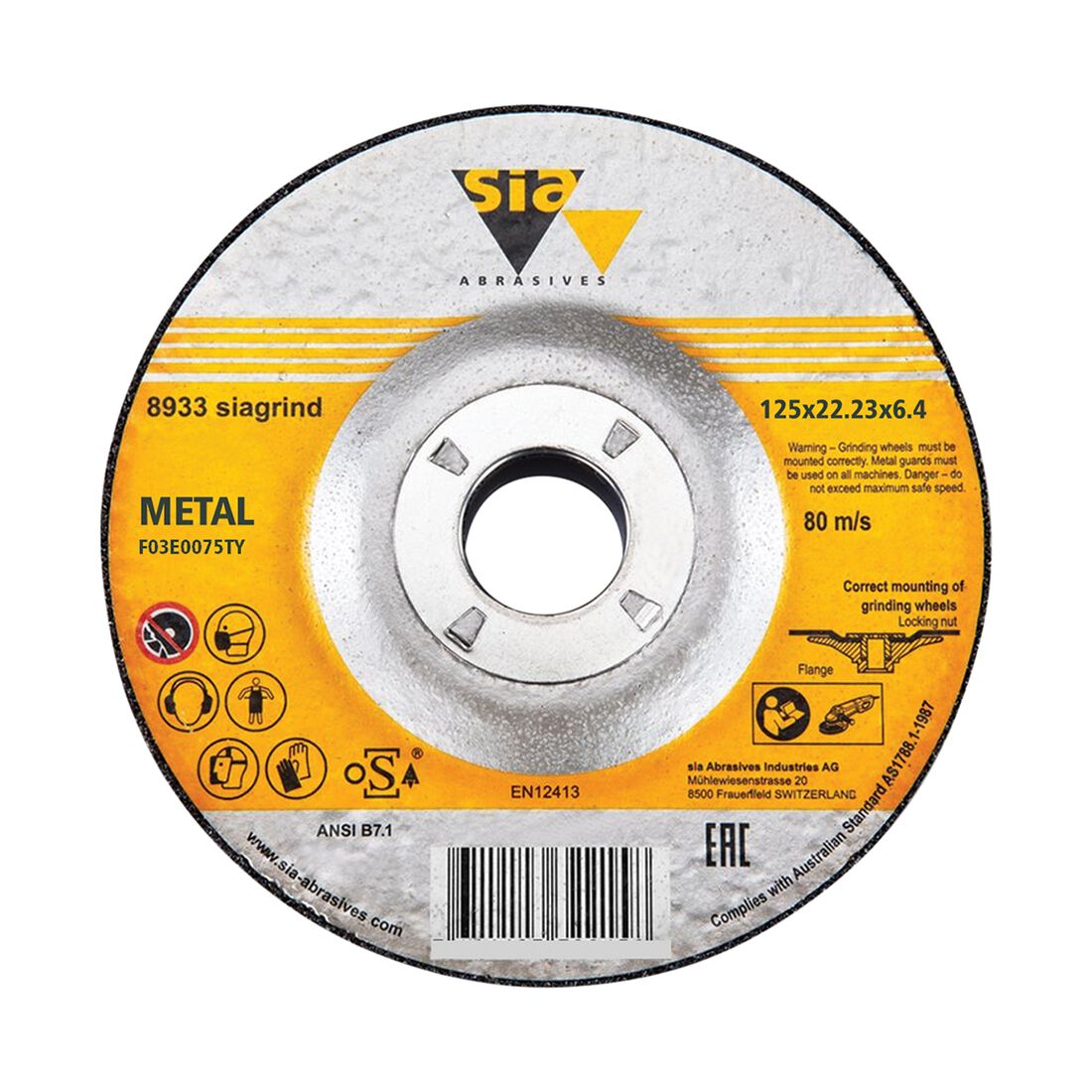 SIA Abrasives Grinding Disc, 8933 Series, 125X6X22.2 Inox/Steel Bonded, , scaau_hi-res