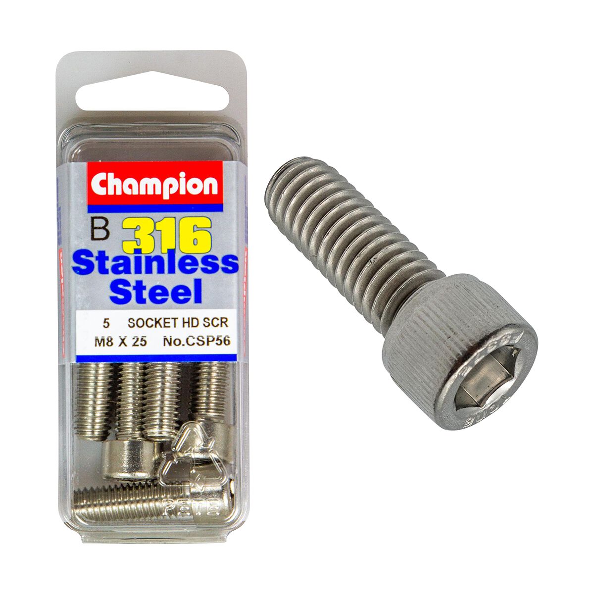 Champion Socket Head Cap Screws Stainless Steel M8x25mm 316/A4, , scaau_hi-res