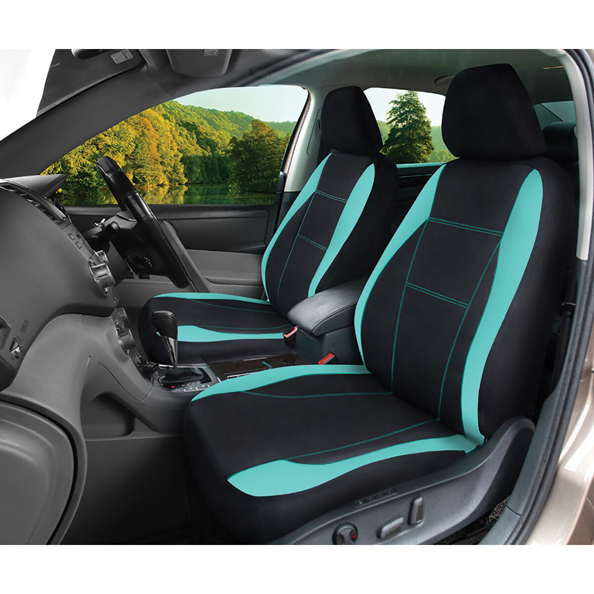 SCA Neoprene Seat Covers Black and Mint Adjustable Headrests