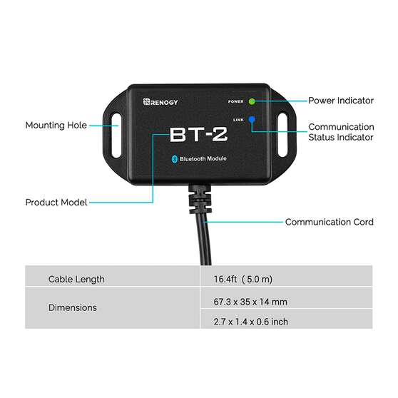 Renogy BT-2 Bluetooth Module for Rover Solar Charge Controllers, , scaau_hi-res