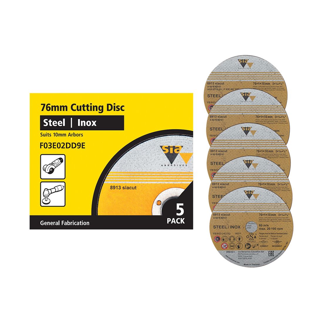 SIA Abrasives Metal Cutting Disc, 8913 Series, 76X1X10mm, Inox/Steel Bonded, 5 Pack, , scaau_hi-res