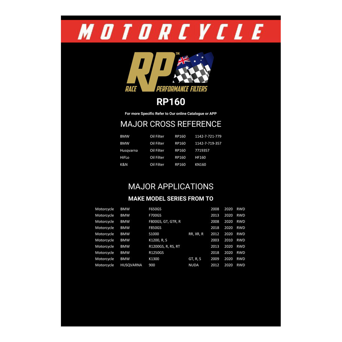 Race Performance Motorcycle Oil Filter RP160, , scaau_hi-res