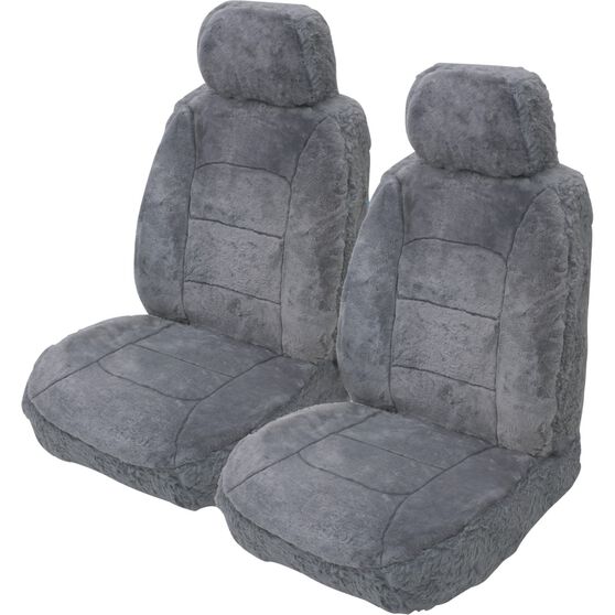 Silver CLOUDLUX Sheepskin Seat Covers - Grey Adjustable Headrests Size 30 Front Pair Airbag Compatible Grey, Grey, scaau_hi-res