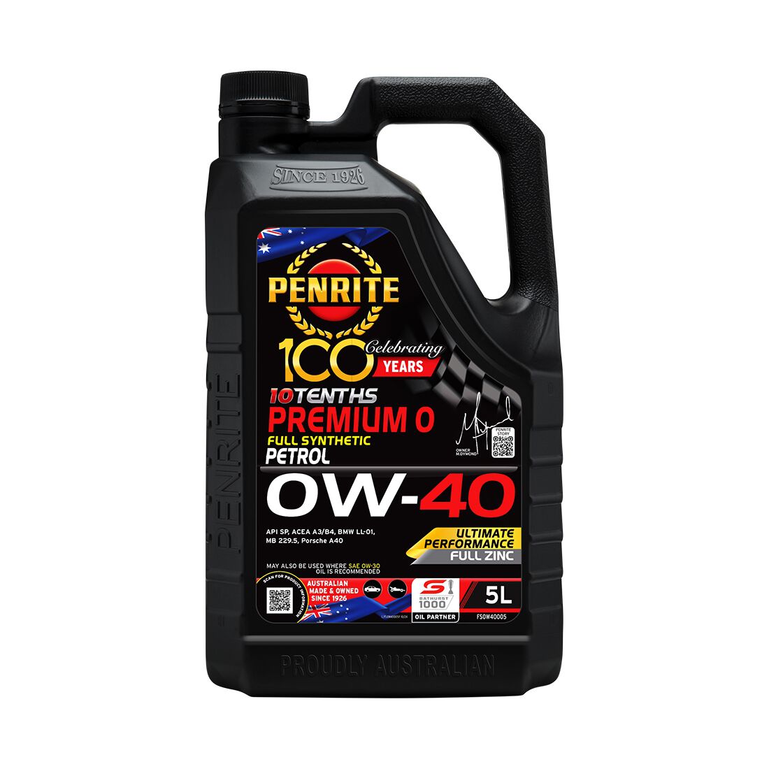 Penrite 10 Tenths Premium 0 Engine Oil 0W-40 5 Litre, , scaau_hi-res