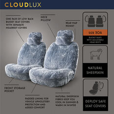Platinum CLOUDLUX Sheepskin Seat Covers - Grey Adjustable Headrests Size 30 Front Pair Airbag Compatible, , scaau_hi-res