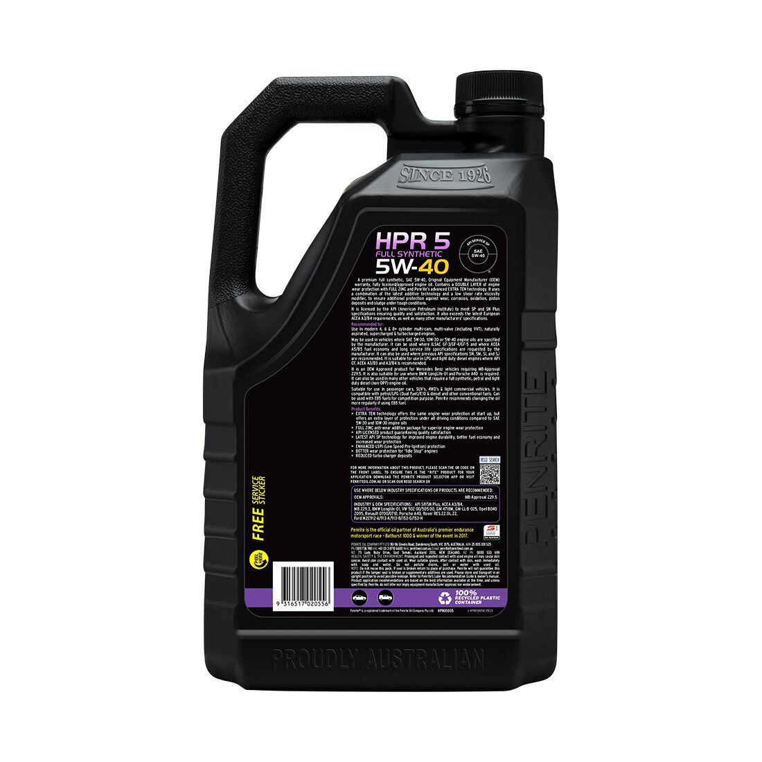 Penrite HPR 5 Engine Oil - 5W-40, 5 Litre, , scaau_hi-res