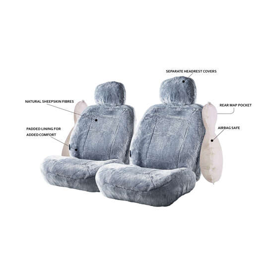 Silver CLOUDLUX Sheepskin Seat Covers - Grey Adjustable Headrests Size 30 Front Pair Airbag Compatible, , scaau_hi-res
