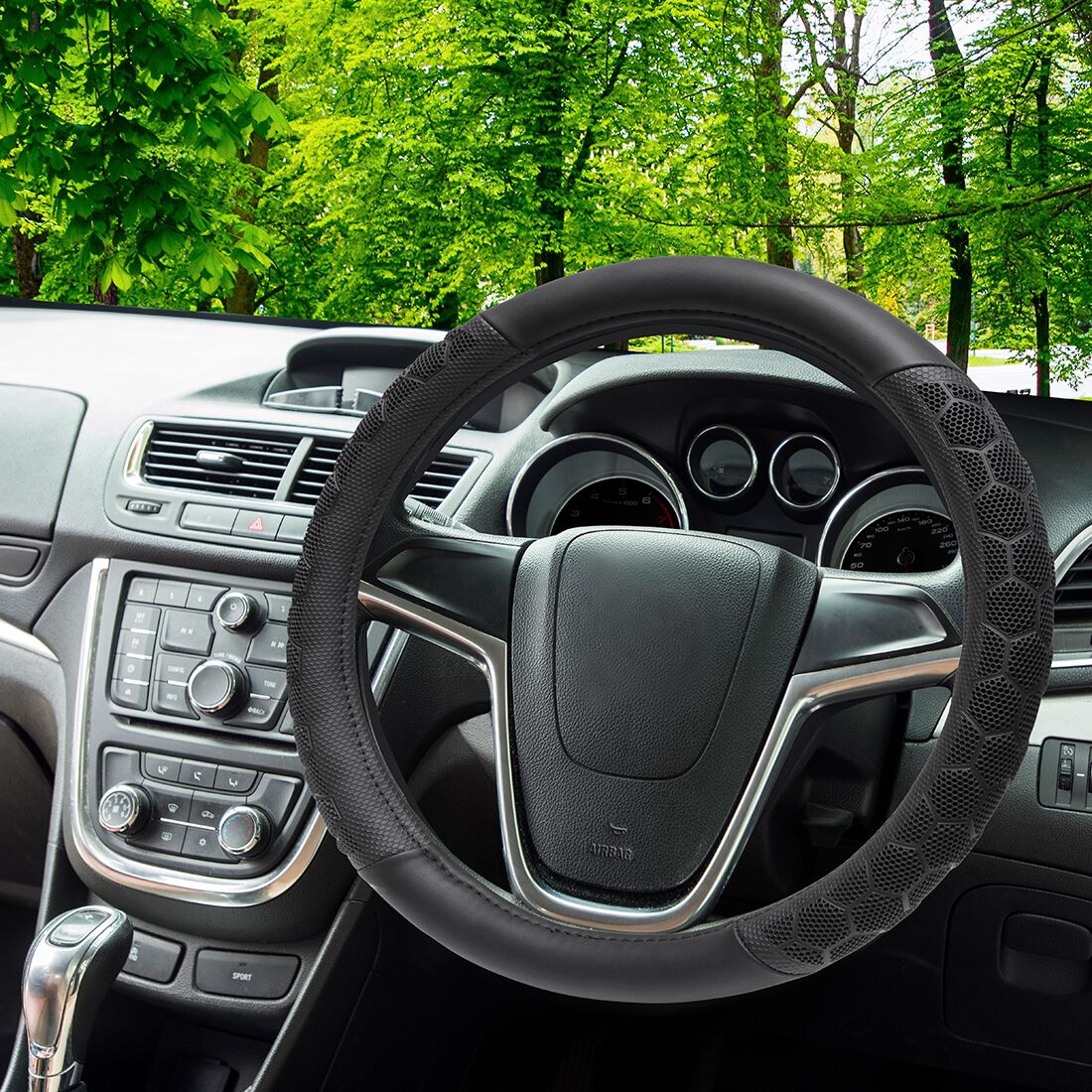 SCA Steering Wheel Cover - Leather Look & Rubber, Black and Grey, 380mm, , scaau_hi-res