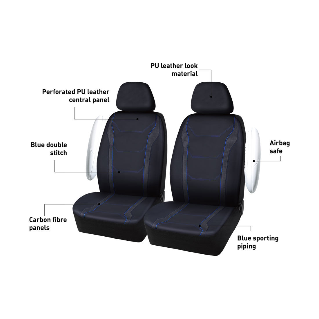 SCA Sports Leather Look & Carbon Seat Covers Black/Blue Adjustable Headrests Airbag Compatible, , scaau_hi-res