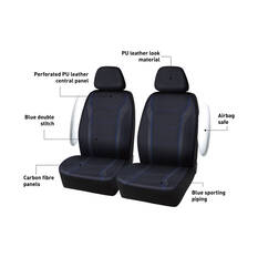 SCA Sports Leather Look & Carbon Seat Covers Black/Blue Adjustable Headrests Airbag Compatible, , scaau_hi-res