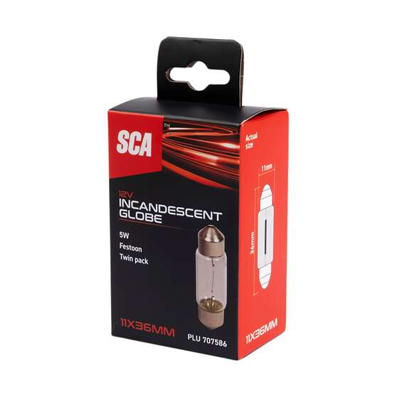 SCA Incandescent Globe - 11X36MM 12V 5W - 2 Pack, , scaau_hi-res